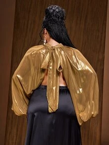 Maweii Plus Size Women's Sexy Metallic Split Hem Party Blouse - Gold - View 5