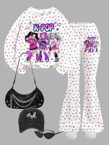 Young Girl Casual Cartoon K-Pop Girl Group Pattern, Dopamine Colorful Heart, Minimalist Loose Round Neck Long Sleeve Sweatshirt And Flare Pants 2-Piece Set, Suitable For Autumn/Winter, Street Retro Style, Comfortable And Relaxed, Children's Autumn Layering, Y2K, Sports Set, Outings, Street Photography, Campus, Chill - Multicolor - View 2