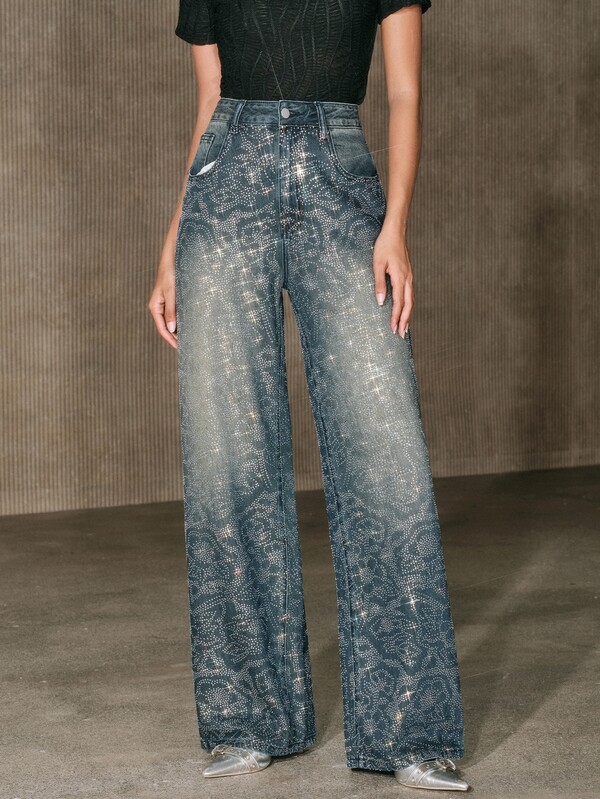 Anewsta Women's New Fashion Heavy Embellished Floral Rhinestone Blue Straight Leg Jeans
