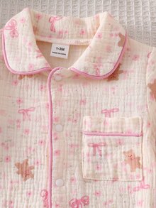 SHEIN Vintaside Kids 新生兒舒適柔軟保暖米色獅子熊貓熊月亮兔子印花領口鈕扣前開長袖連身衣 4件/1 - 彩色 - 查看 8