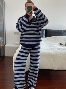 DAZY Women's Drop Shoulder Long Sleeve Sweater And Pants Striped Casual Two Pieces Set - Royal Blue - View 2
