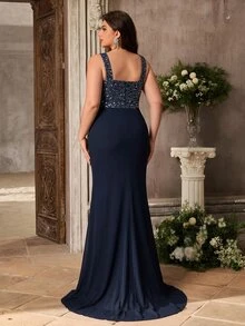 Aureia Plus Size Elegant Romantic Sweetheart Neckline Spaghetti Strap Luxury French Lace Sheer Mesh Patchwork Knit Fabric Ruched Waist A-Line Evening Dress For Wedding Party Celebration Formal Event Gala (Intricate Design) - Navy Blue - View 2