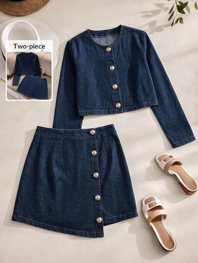 GlowEve Setelan Jaket Pendek dan Rok Denim Cuci untuk Wanita