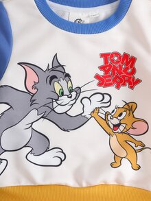 TOM & JERRY X SHEIN 男嬰卡通印花圓領長袖衛衣與運動長褲休閒套裝 - 黃色 - 查看 4
