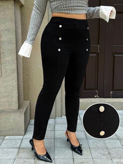 Rivivi Plus Size Women's Fitted Elastic Decorative Button Slim Long Pants