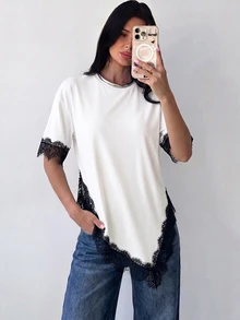 Firerie Women's Lace Patchwork Casual Versatile Daily Wear T-Shirt - Black and White - View 5