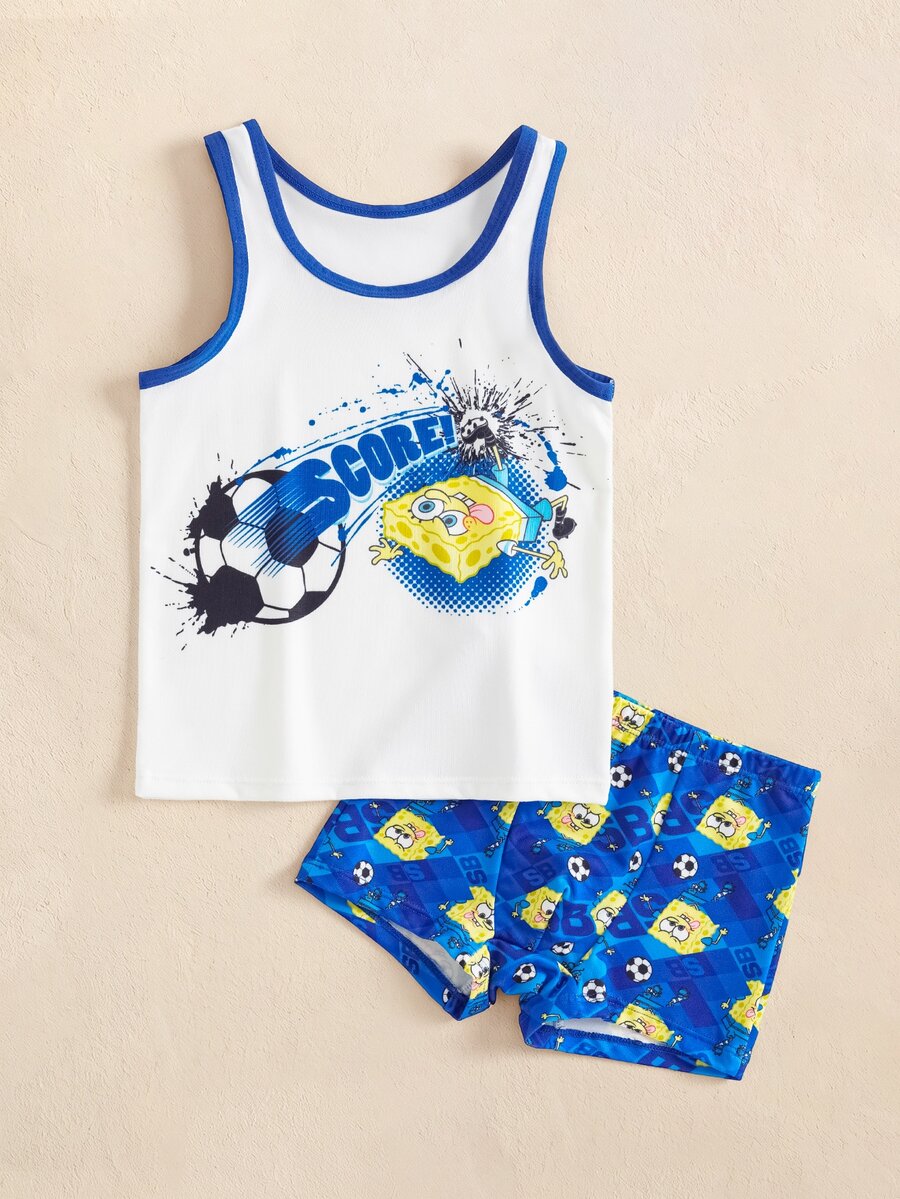SpongeBob SquarePants | SHEIN Young Boy Letter Cartoon Print Tank Top And Hipster Underwear Set - Blue and White - View 1
