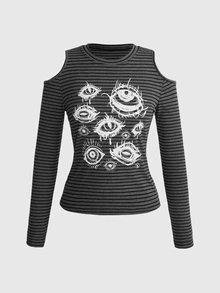 ROMWE Grunge Punk Punk Black & Grey Striped Knit Eye Print Casual Women's T-Shirt - Dark Grey - View 6