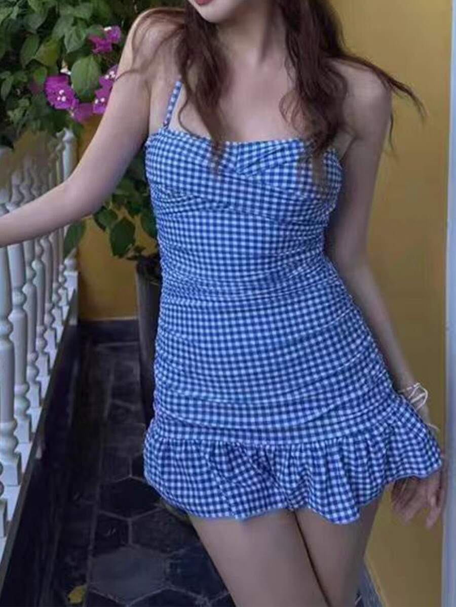 DAZY 2pcs Set Plaid Halter Neck Molded Cup Push-Up Design Women's Swimwear - Blue - View 1