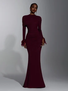 Elitara New Elegant Angora Red Mesh Long Sleeve Fluffy Ruched Fitted Bodycon Maxi Dress For Women, Wedding, Formal Occasions, Bridesmaid Dress - Burgundy - View 4
