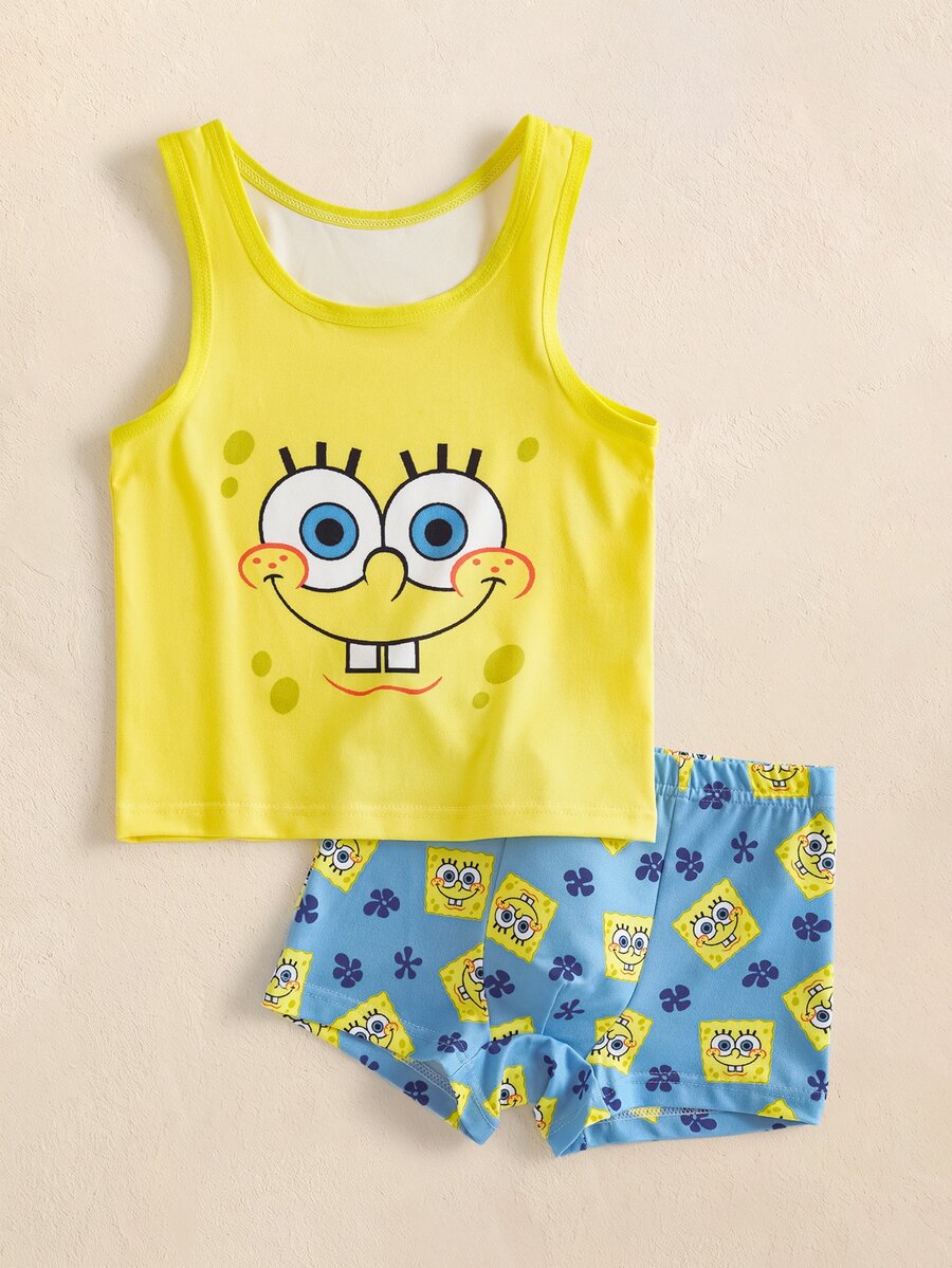 SpongeBob SquarePants | SHEIN مجموعة توب بدون أكمام وشورت مطبوعة برسومات كرتونية للأولاد الصغار - الأزرق - مشاهدة 1