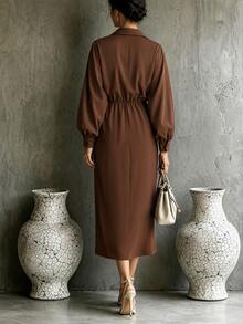 LUMIGAL Women's Coffee Color Wrap Asymmetric Hem Long Dress - Coffee - View 2