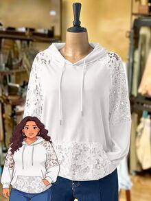 Rusticease Plus Size Women's Contrast Lace Raglan Long Sleeve Pocket Drawstring Hooded Sweatshirt Fall - White - View 3
