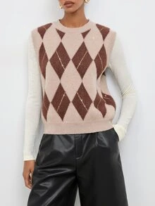 Maija Grey-Brown Plaid Sleeveless Sweater For Women, Urban Casual - Grey - View 4