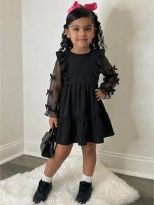 SHEIN Kids Young Girl Casual Daily Fashion Petal Sleeve Black Round Neck Patchwork A-Line Dress - Black - View 6