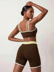 Zivah Women's Contrast Trim Cropped Camisole Tank Top & Shorts Sportswear Set Gym Workout Activewear Outfit For Autumn - Brown - View 6