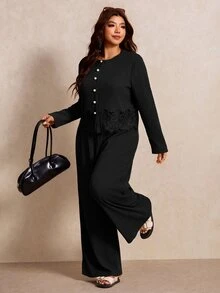 Elaquor Plus Size Autumn Casual Solid Color Lace Patchwork Top And Pants 2 Pieces Set Winter - Black - View 3