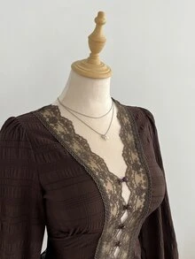 Elamini Dark Brown Textured Bubble Long Sleeve Lace V-Neck Cinched Waist Cropped Blouse - Coffee Brown - View 3