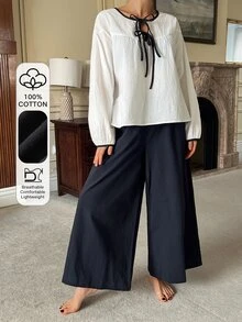 DAZY Autumn Elegant Contrast Color Tie Drawstring Petal Sleeve Women's Pajama Set - White - View 11