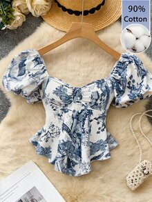 Roelina Women's Vacation Branch Pattern Short Petal Sleeve Top - White - View 1