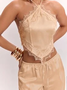 SHEIN BAE 性感露背掛脖上衣與長褲套裝，適合夏季 - 卡其色 - 查看 6