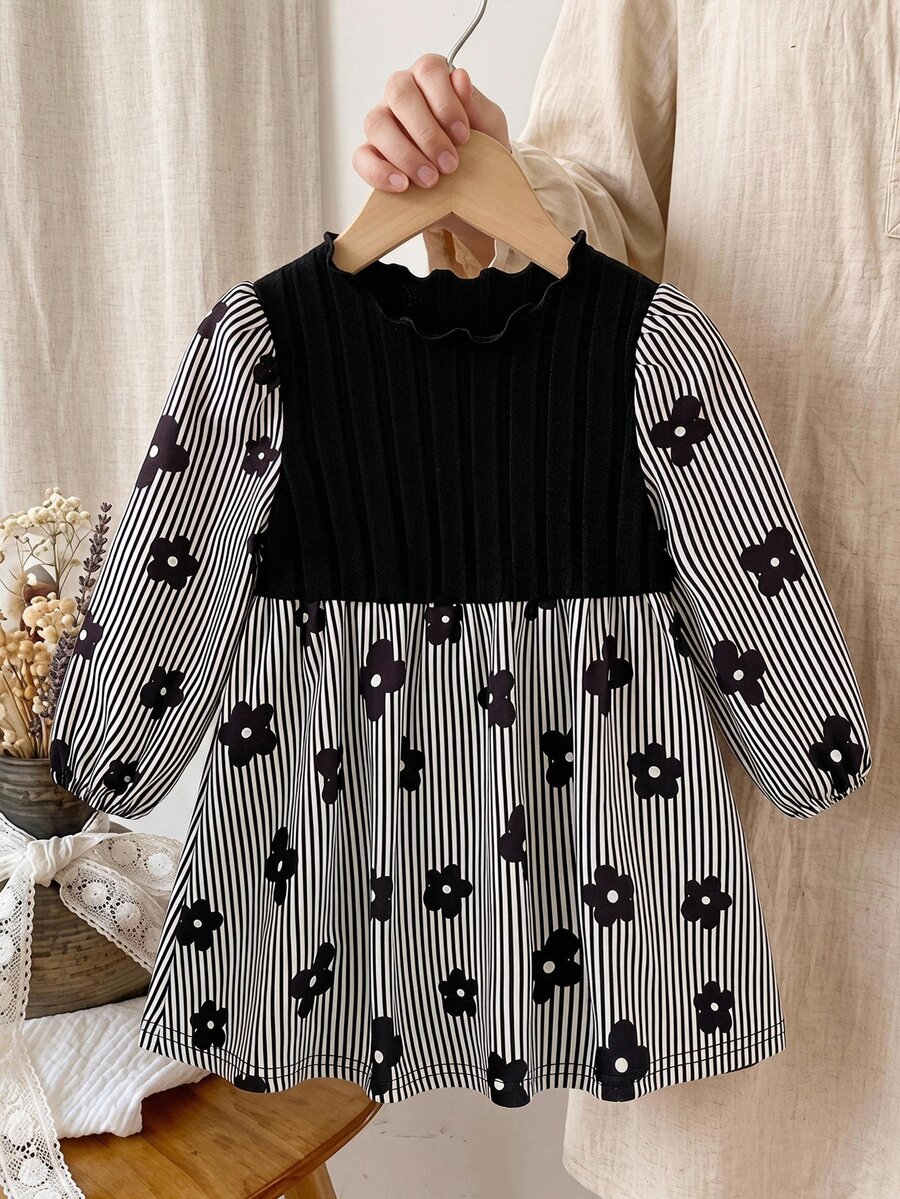 SHEIN 女嬰花卉印花燈籠袖荷葉邊洋裝,法式花卉仙女風田園風格,秋冬款 - 彩色 - 查看 1