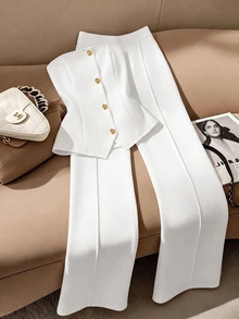 SHEIN Franclia New Winter-Spring Women's Two Pieces Set, Strapless Top Paired With Long Pants, White Suit, Elegant Women's Outfit, Suitable For Commuting And Business - White - View 1