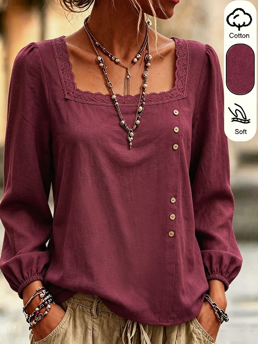 Balvessa Áo blouse nữ 100% cotton cổ vuông, phối ren, vạt bất đối xứng, trang trí cúc, tay dài phồng, phong cách thường ngày thanh lịch vintage, màu đỏ rượu vang, mùa thu, đi brunch - Màu Đỏ Sâu - Xem 1
