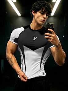 GymBeat Men's Geometric Print Colorblock Raglan Short Sleeve Sports T-Shirt - Multicolor - View 1
