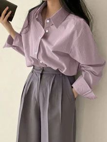 DAZY 女款簡約日常單排扣長袖襯衫，適合辦公室穿著 - 紫色 - 查看 3