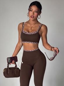Dewbera Dewbera 1 Set Brown Leopard Trim Double Strap Sports Two Pieces Set, High Waist Leggings, Slim Fit, For Yoga Fitness Daily Summer - Brown - View 6