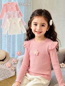 Toddler Girls Polyester Round Neck Long Sleeve Striped Embroidery Ruffle Regular Regular Fit Princess T-Shirt Back To School Fall Multicolor - Multicolor - View 3