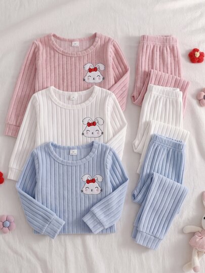 2pcs Soft Comfortable Fuzzy Ribbed Fabric Rabbit Embroidery Pattern Round Neck Long Sleeve Pants Pajama Set For Girls Pink Baby Pink White Blue Autumn