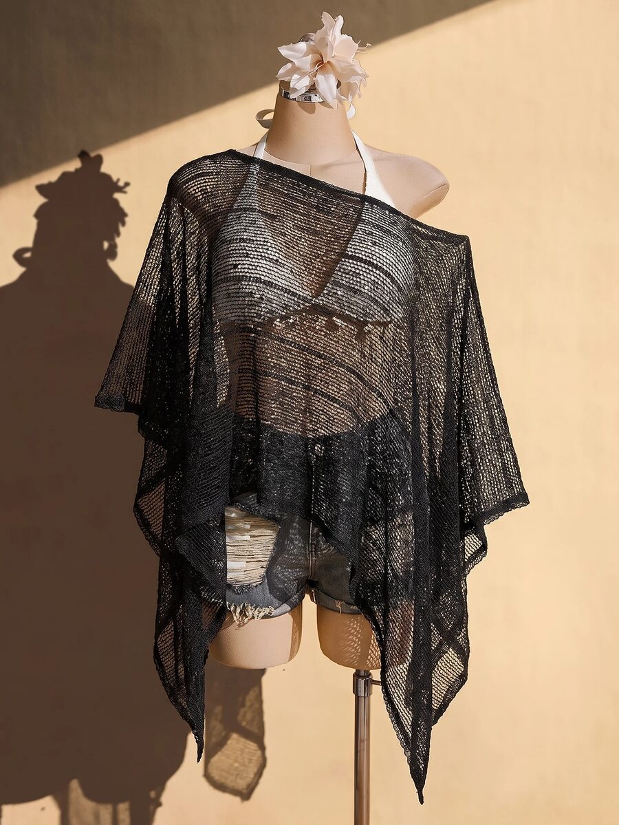 SHEIN ICON 女款大尺碼春夏網紗鏤空杏色上衣 - 黑色 - 查看 1