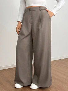 Shapeblank Plus-Size Women's Spring And Autumn Fashion Casual Loose Comfortable Everyday Basic Khaki Wide-Leg Pants,Simple Style,Women Bottom,Work Pants - Grey - View 4