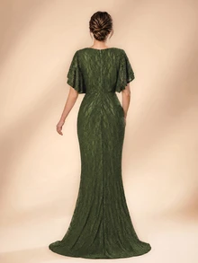 Serin Elegant Olive Green Lace Pearl Rhinestone Beaded Boat Neck Ruffle Ruched Bodycon Mermaid Train Mother Of The Bride Wedding Guest Summer Evening Gown - Olive Green - View 6