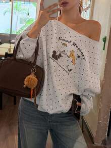 DAZY Women's Autumn/Winter Asymmetrical Shoulder Polka Dot Print Casual Sweatshirt - Light Grey - View 2