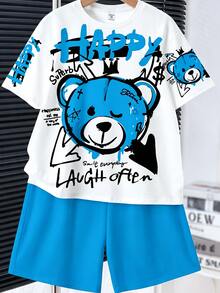 SHEIN 小男孩休閒簡約字母卡通印花短袖T恤短褲套裝 - 彩色 - 查看 4