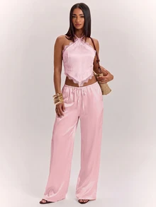 SHEIN BAE Sexy Backless Halter Top And Long Pants Set For Summer - Coral Pink - View 4
