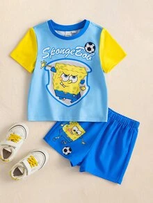 SpongeBob SquarePants | SHEIN 男嬰字母卡通印花短袖T恤與短褲休閒日常套裝 - 藍色 - 查看 1