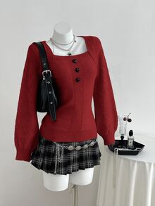 Elamini 女款純色休閒百搭日常長袖針織衫 - 紅色 - 查看 1