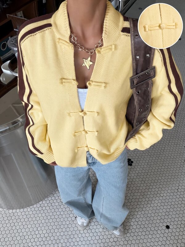 Muchica Chaqueta de cárdigan con botones de rana estilo chino nuevo color amarillo pálido, suéter de manga larga con cuello alto chino