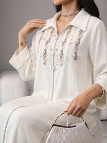 Al Najma Women's Floral Embroidered Beaded Decor Arabian Dress - Apricot - View 5