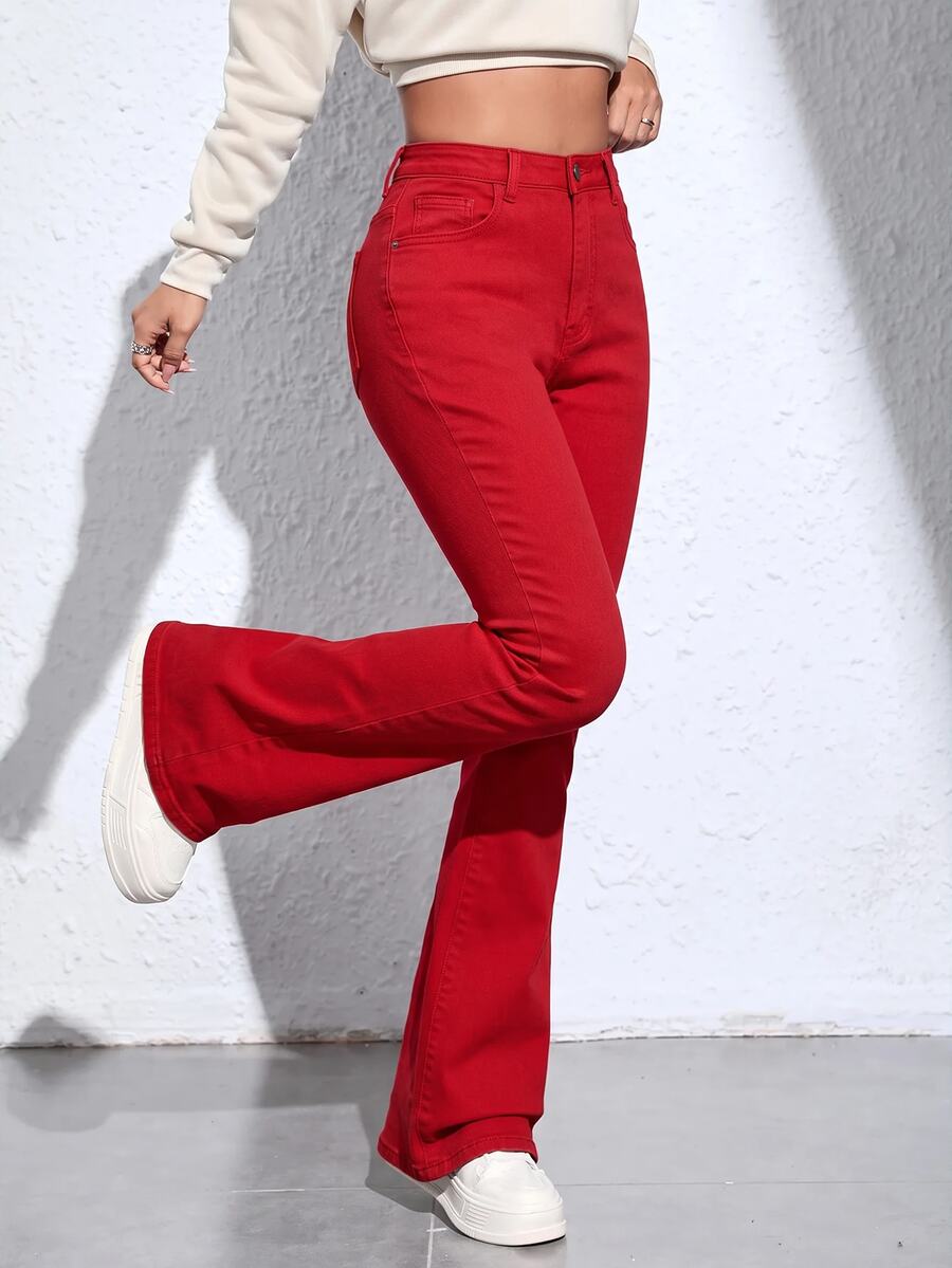SHEIN ICON 女款高腰口袋休閒百搭喇叭褲牛仔褲 - 紅色 - 查看 1
