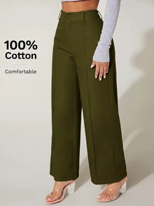 SHEIN PETITE 高腰寬腿夏季長褲 100%純棉 - 軍綠色 - 查看 5