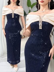 Modelyn Women's Contrast Color Off-Shoulder Patchwork Sequin Elegant Glamorous Long Dress - Blue - View 1