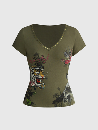ROMWE Avant Camiseta ajustada para mujer con escote en V profundo, estilo vintage chino nuevo, estampado de tigre con cuentas, sexy, para outfits de verano
