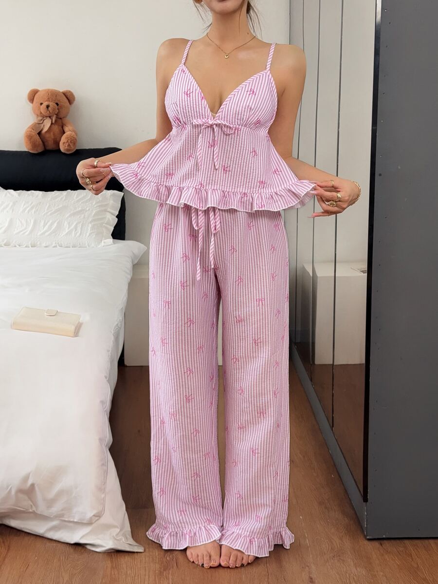 Napfluff Fashion Striped Bow Print V-Neck Frill Trim Camisole & Long Pants Pajama Set - Hot Pink - View 1