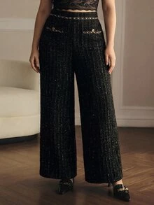 MOTF PREMIUM PLUS SIZE AUTUMN/WINTER CHAIN DECOR TWEED WIDE LEG PANTS - Black - View 3
