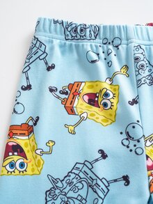SpongeBob SquarePants | SHEIN Young Boy Cartoon Print Top And Long Pants Snug Fit Loungewear - Blue - View 6